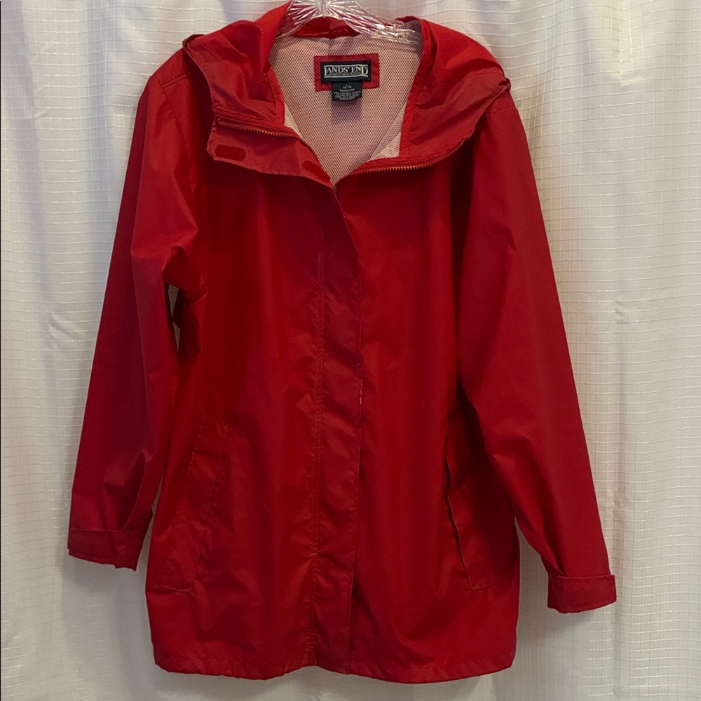 Lands' End Women's Red Hooded Drawstring Windbreaker Rain Jacket size L 14-16